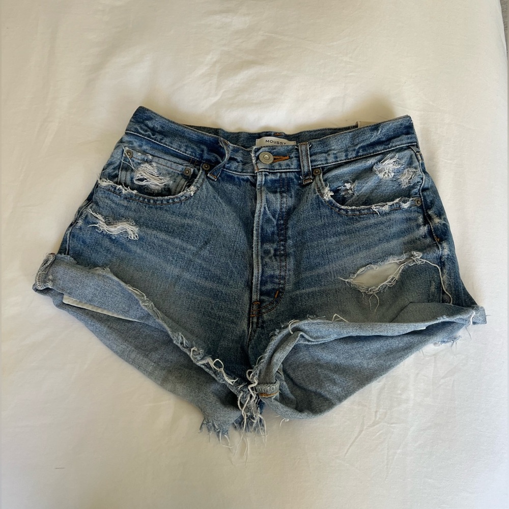 Moussy Distressed Light Blue Denim Jean Shorts